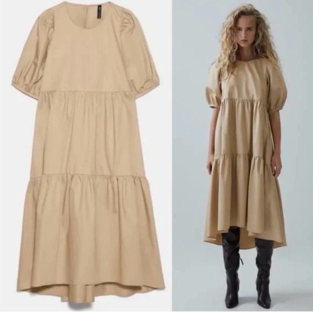 Zara Women's Tan/Cream Dress Puff Sleeves